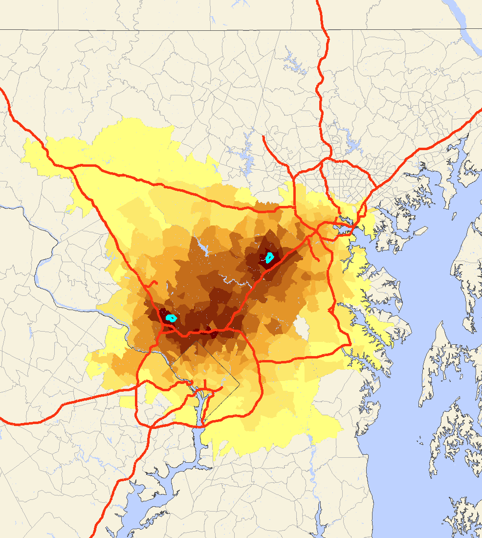 Combined commuter shed for a household with one person working in North Bethesda and one person working in Columbia